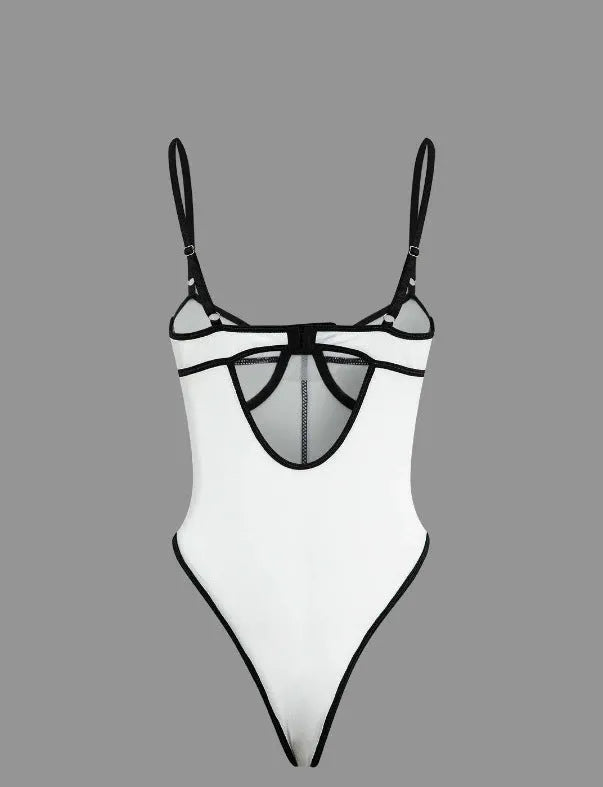 Women's khaki and white contrast colour sleeveless bodybuilding jumpsuit with shorts and hollow-out detailing.