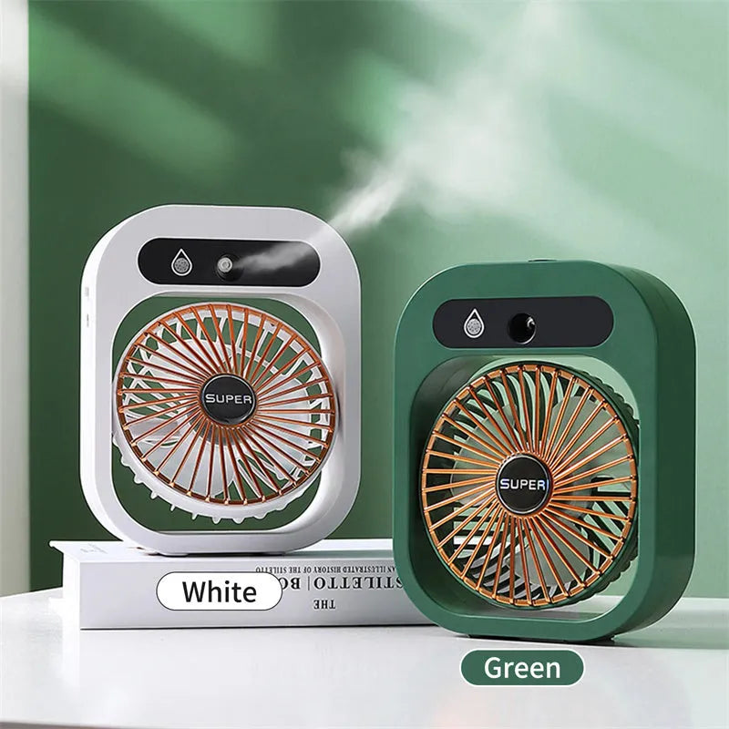 USB misting fan and humidifier in green or white, with three wind speeds and adjustable direction
