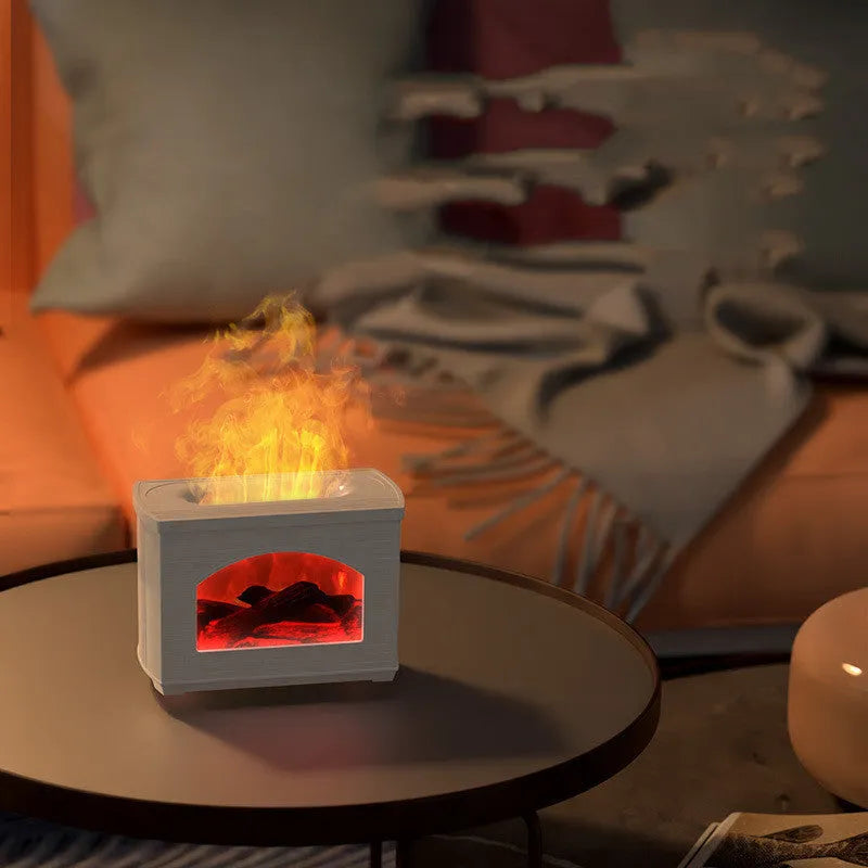 Simulated flame humidifier in black with USB cord, compact design for home use