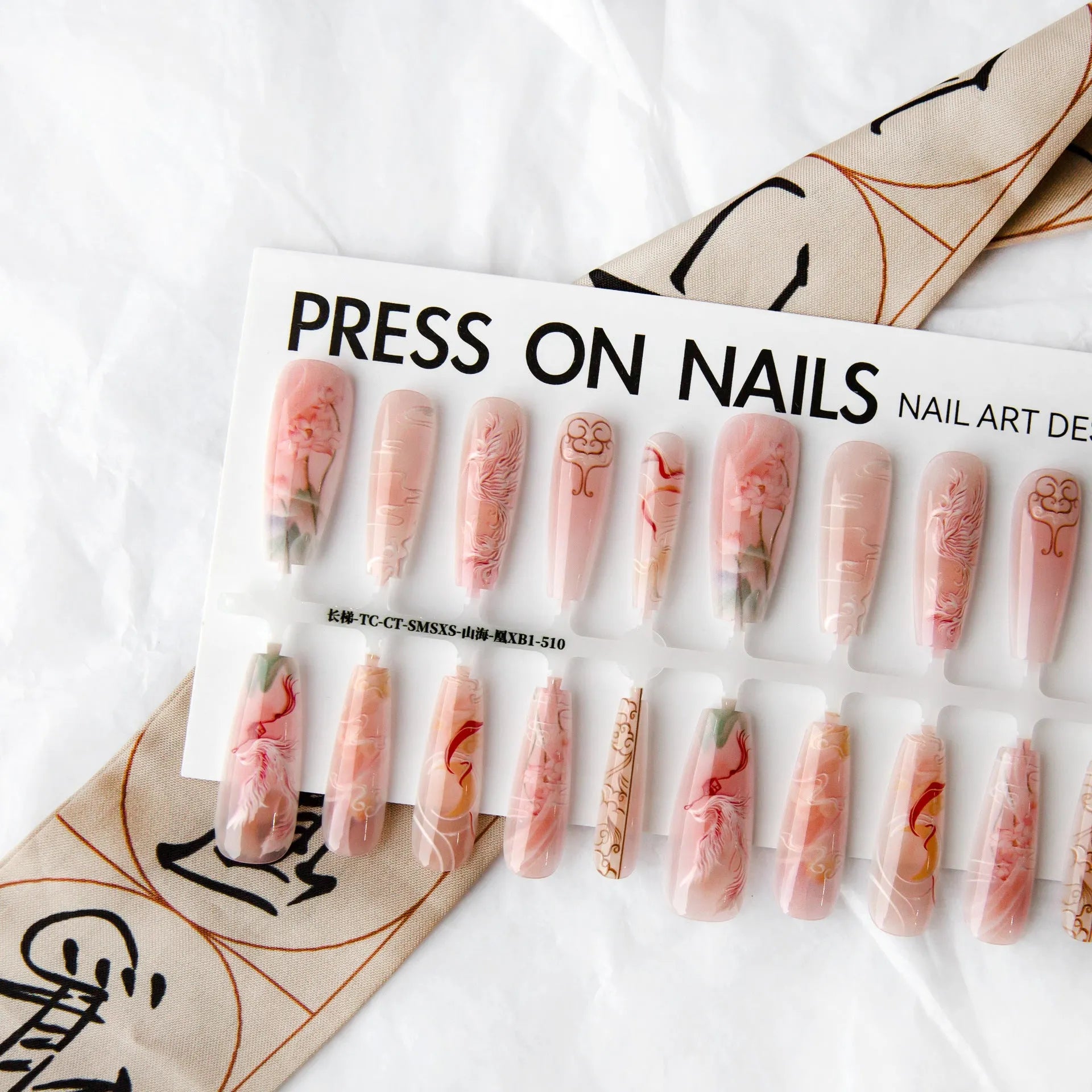 Ancient style new Chinese ink painting nine tail fox nail art stickers on long ladder shape glossy finish