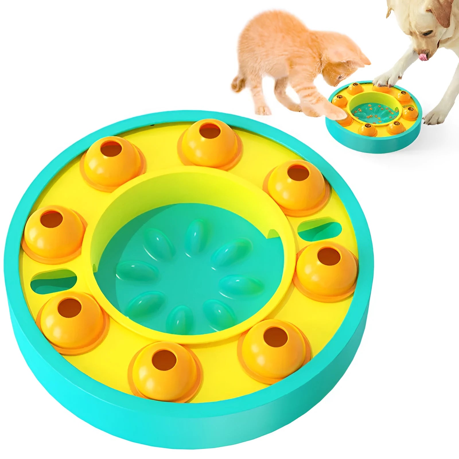 Square lake blue pet puzzle bowl with central slow-feeding column and top-mounted food turntable on a non-slip base.