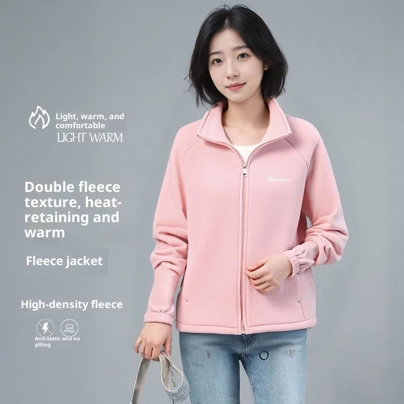 Polar fleece jacket cardigan with stand collar and zipper front in orange colour, polyester fabric, available in sizes S to XXL
