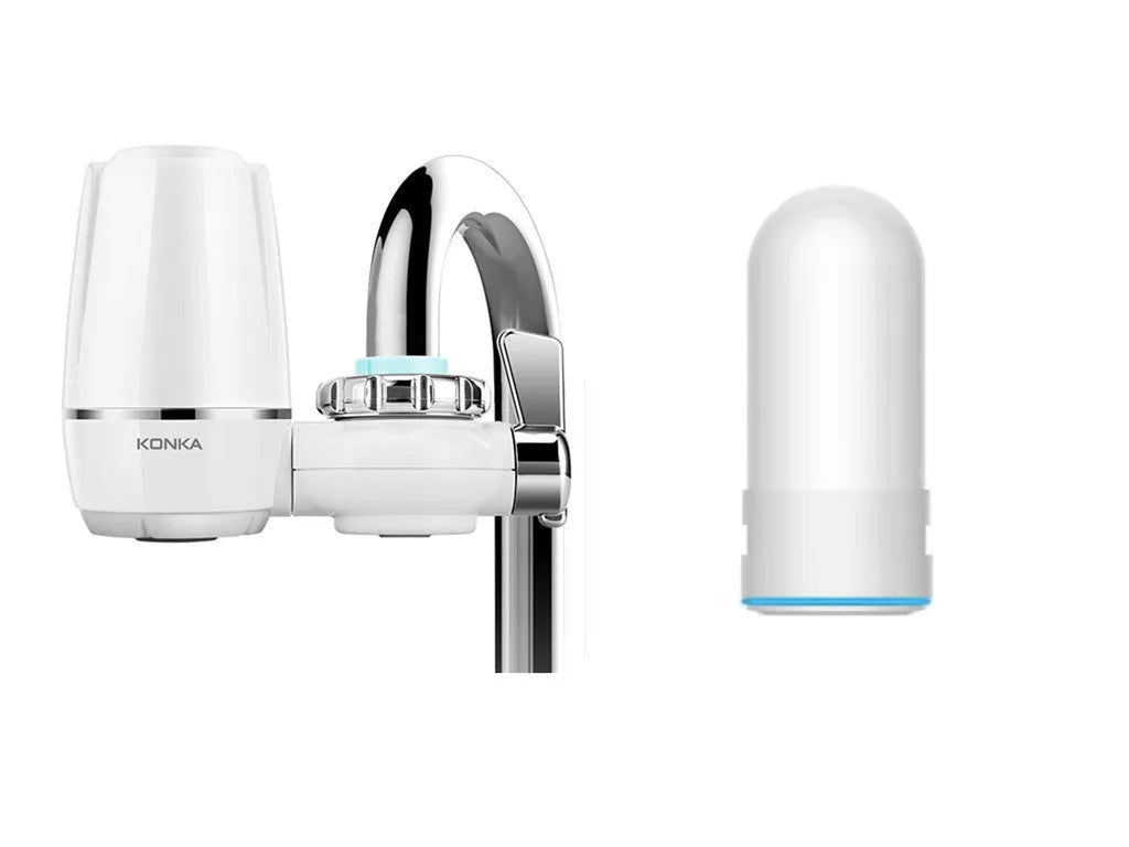 White kitchen faucet water filter with ceramic cartridge and universal thread adapters for tap mounting.