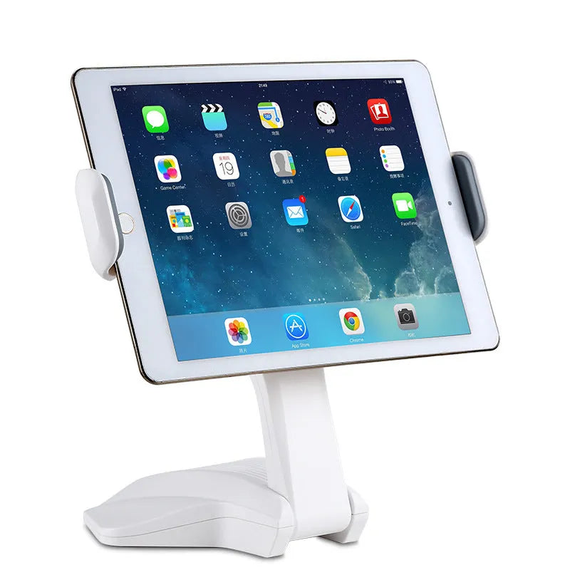 White foldable universal tablet stand with adjustable clamp extended, holding a tablet.