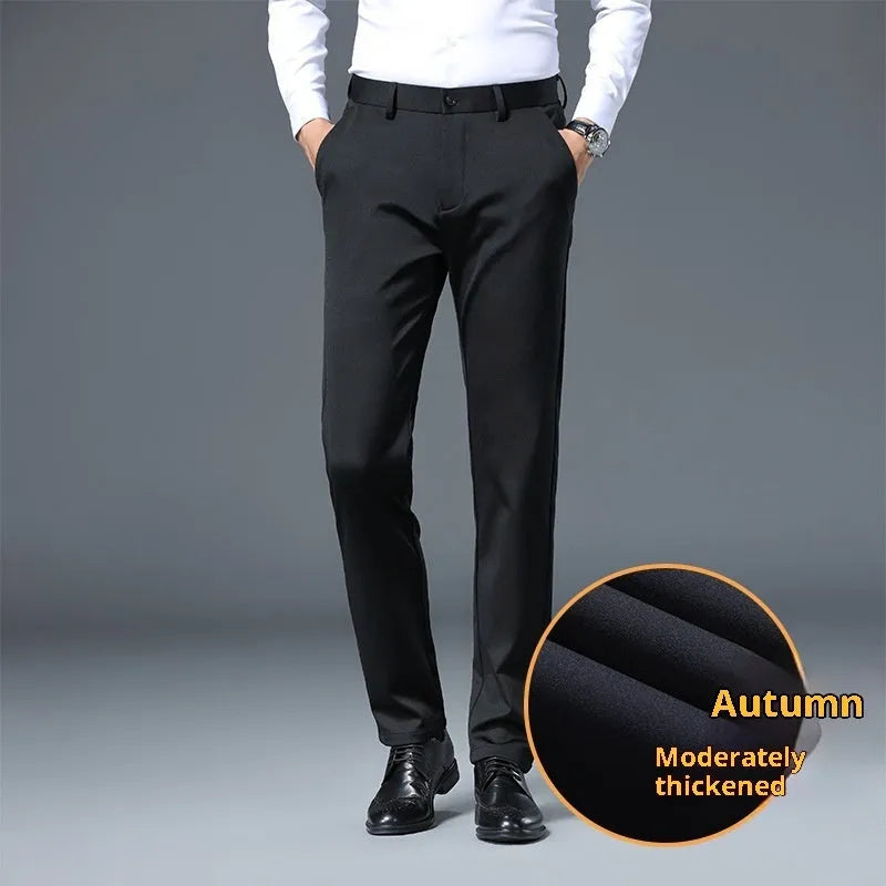 Men's slim fit stretch casual trousers in black polyester fiber with straight leg design and elastic waistband