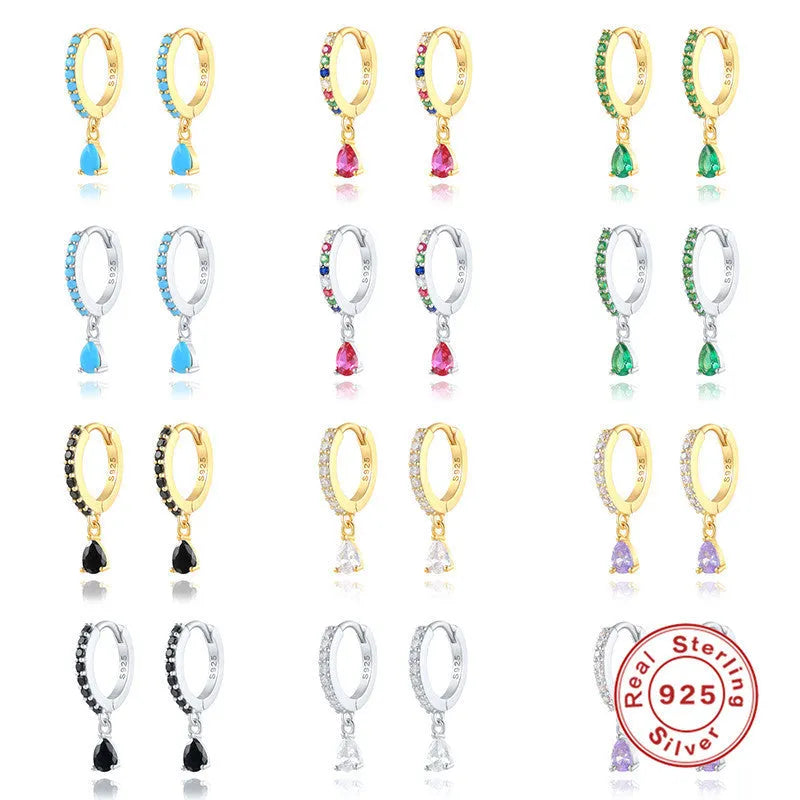 S925 sterling silver water drop earrings with geometric design and coloured crystal stones.