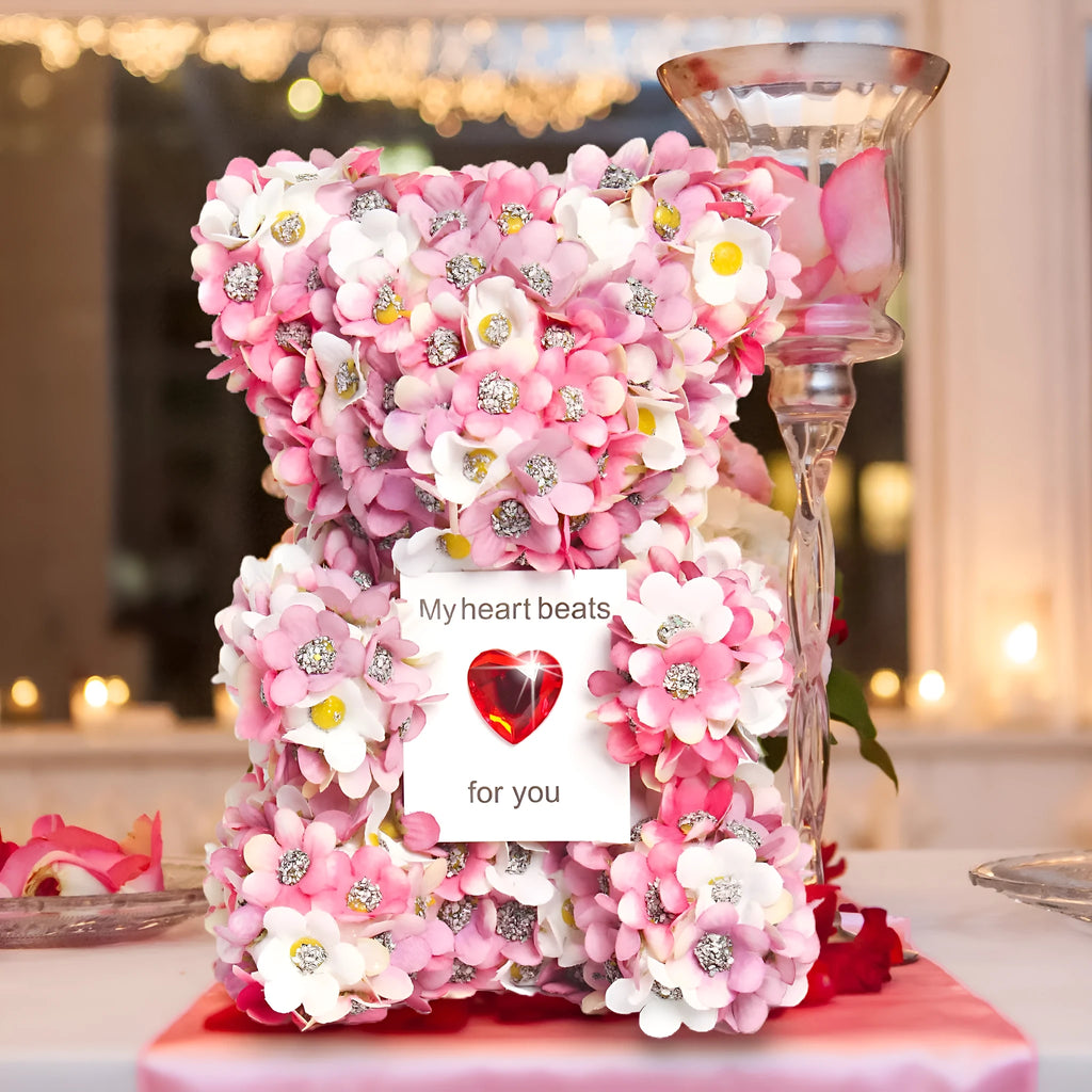 Pink artificial rose bear handmade from polyester and foam, 17 cm tall, displayed as Valentine's ornament
