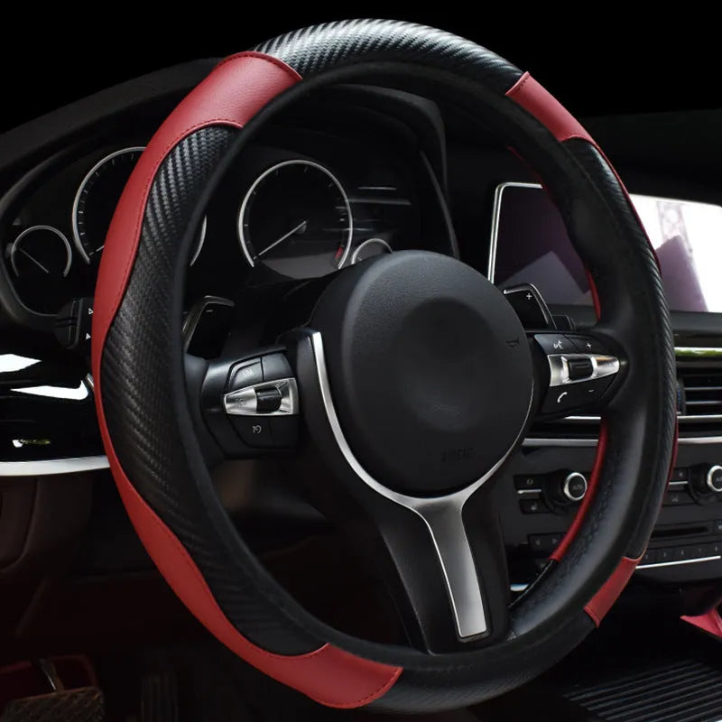 Elastic rimless leather car steering wheel cover, sports style, 38cm fit, shown in colour options