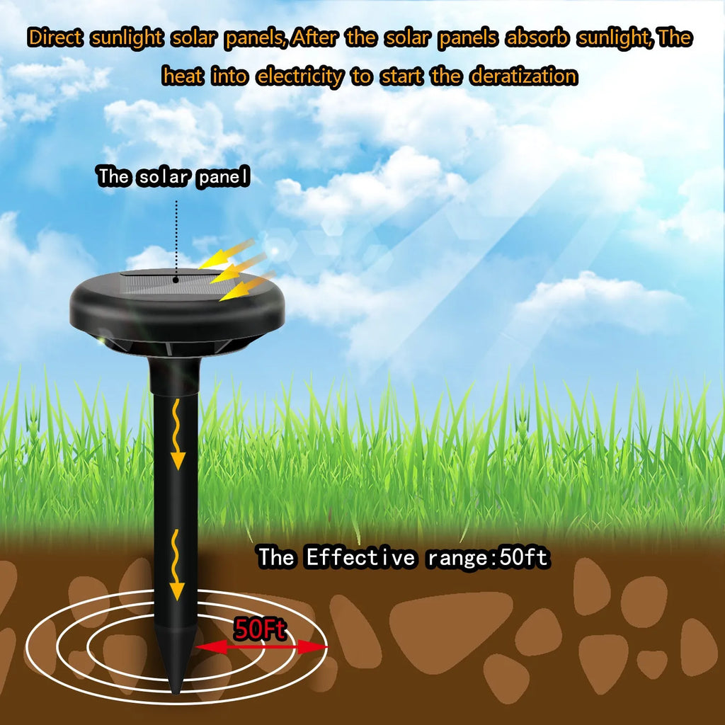 Solar ultrasonic mouse repeller with solar panel, black casing, designed for ground resonance pest control