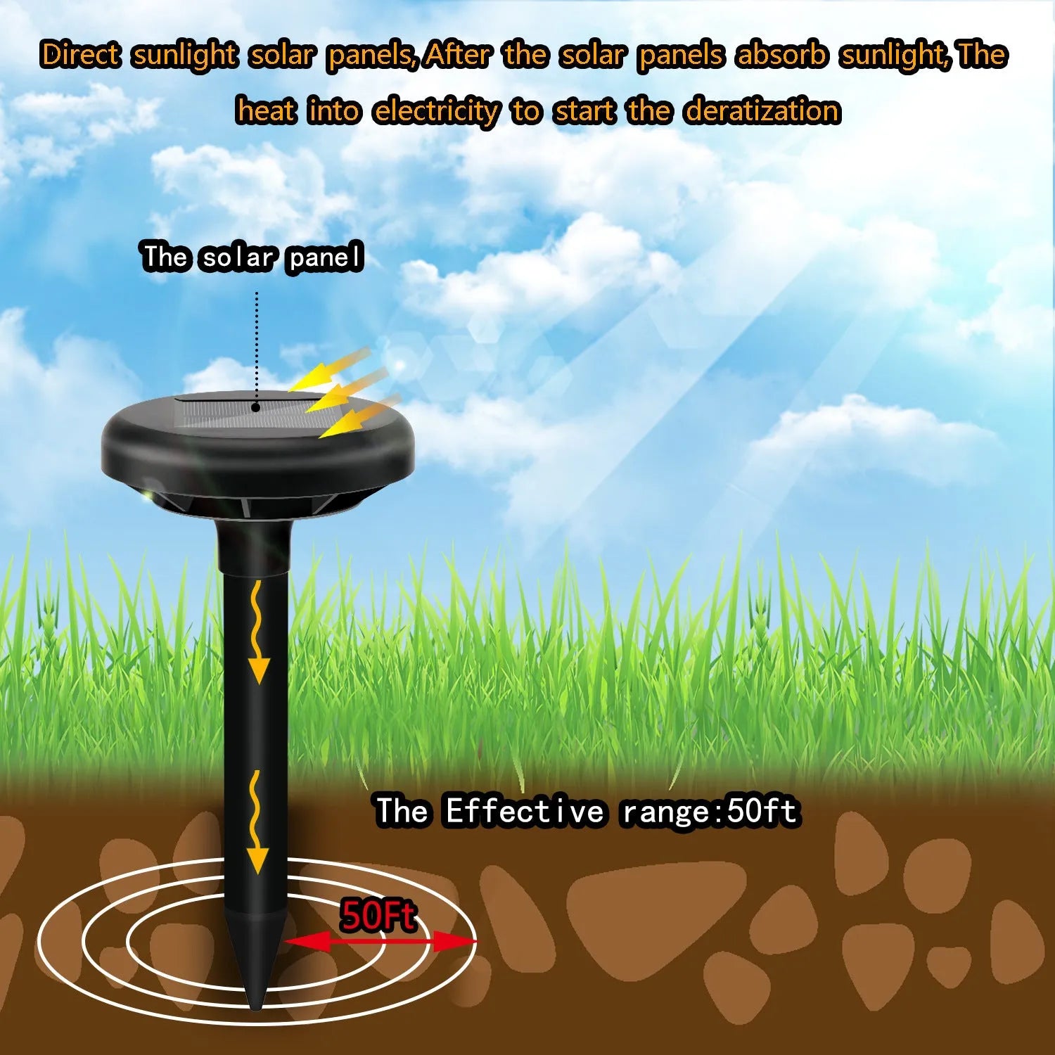 Solar ultrasonic mouse repeller with solar panel, black casing, designed for ground resonance pest control