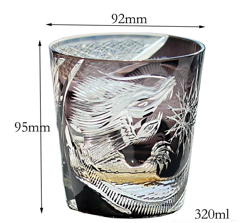 Japanese-style hand-carved crystal glass whiskey cup with retro Jianghu cut pattern and wooden box