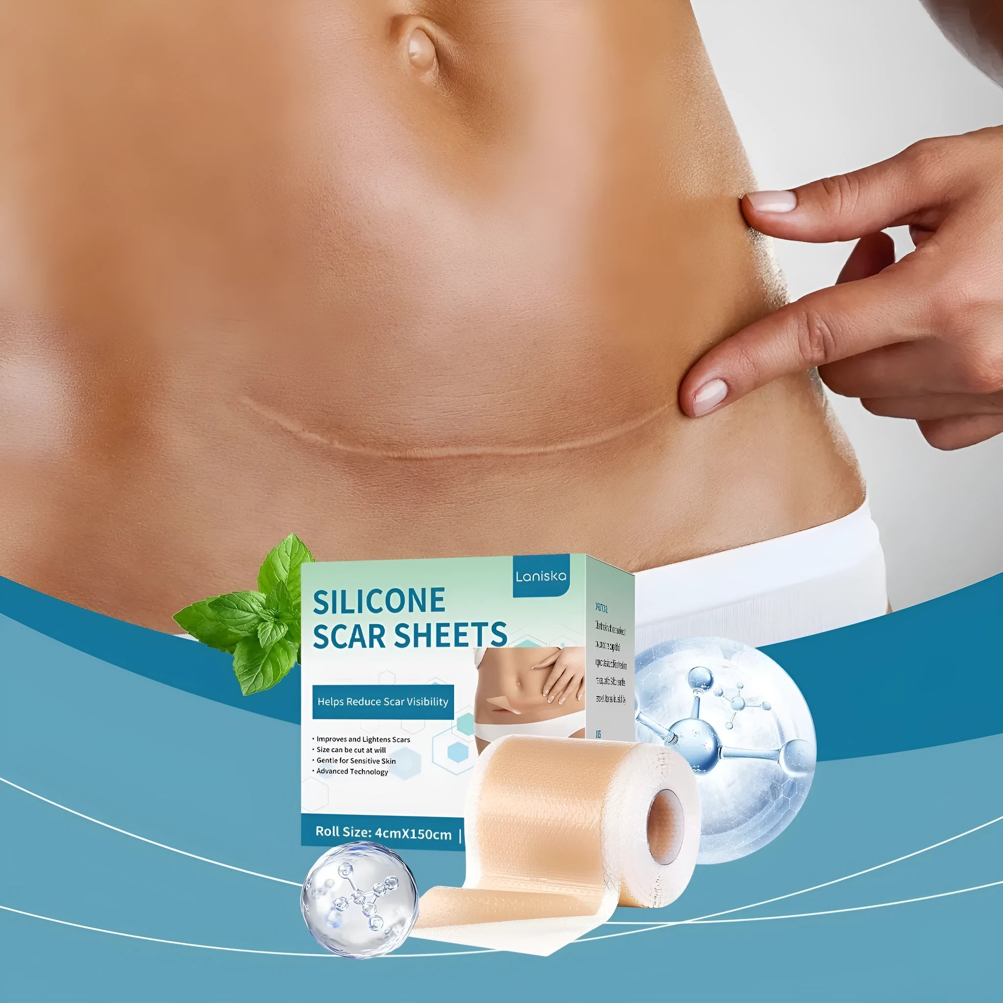 Clear transparent silicone scar patch roll for skin smoothing with mint leaf formula