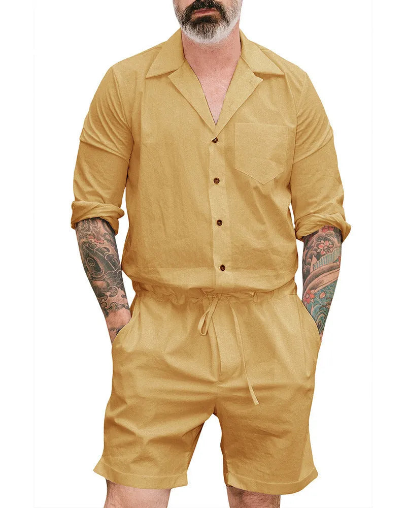 Men's casual fashion suit jumpsuit in printed polyester, army green colour, front view