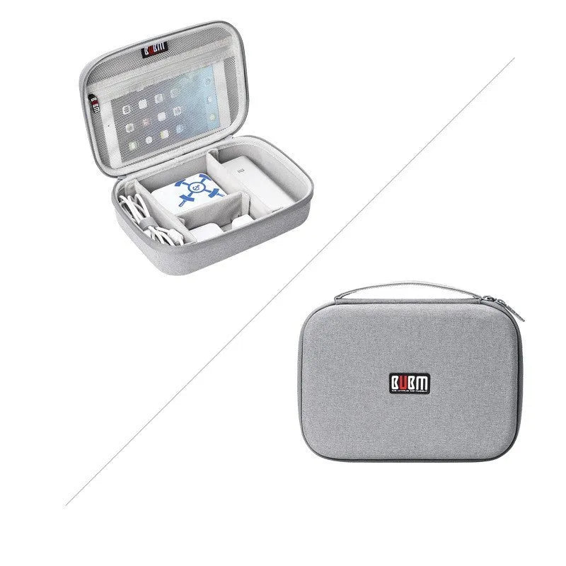 Black and grey EVA digital storage bag with hand bag shape for organising headphones and cables.