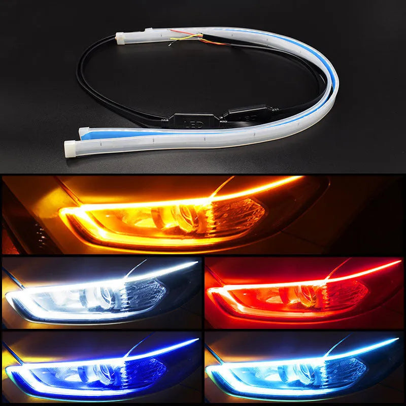 Flexible silicone car LED daytime running light strip with flowing turn signal function.
