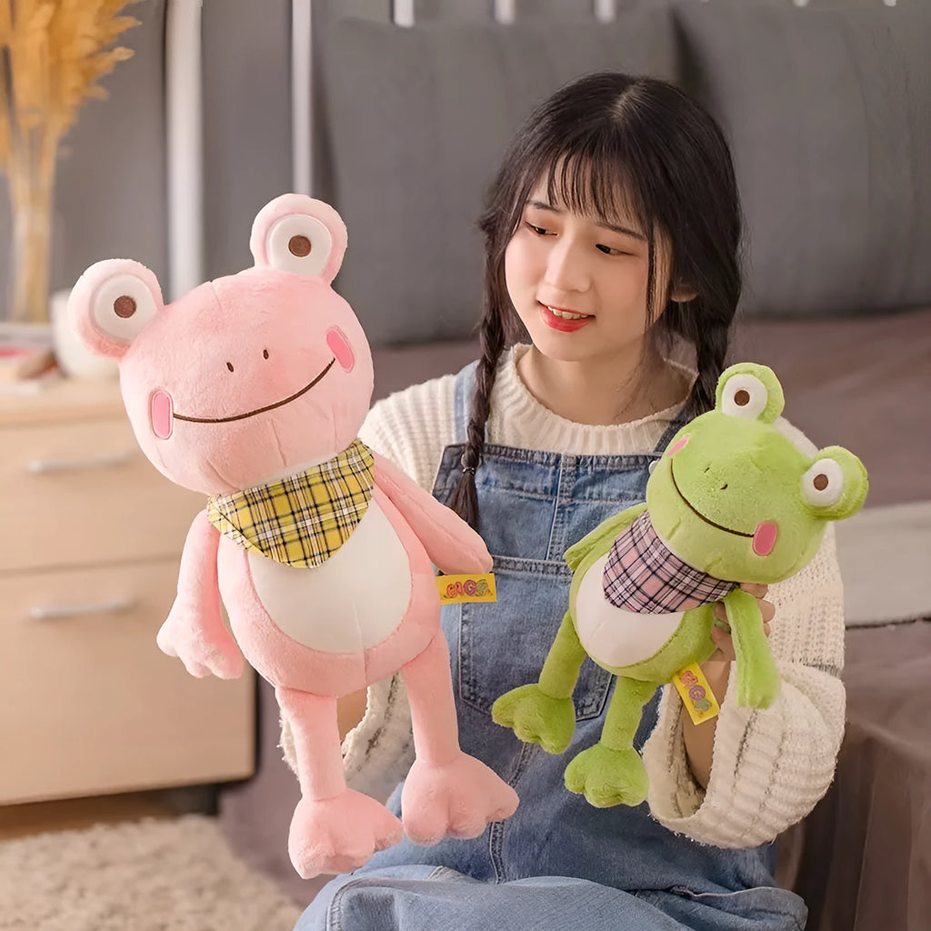 Cute scarf frog doll plush toy in blue with scarf, on a neutral background