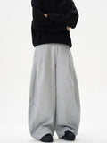 Women's polyester wide-leg trousers in black, loose fit straight leg design, mid rise waist