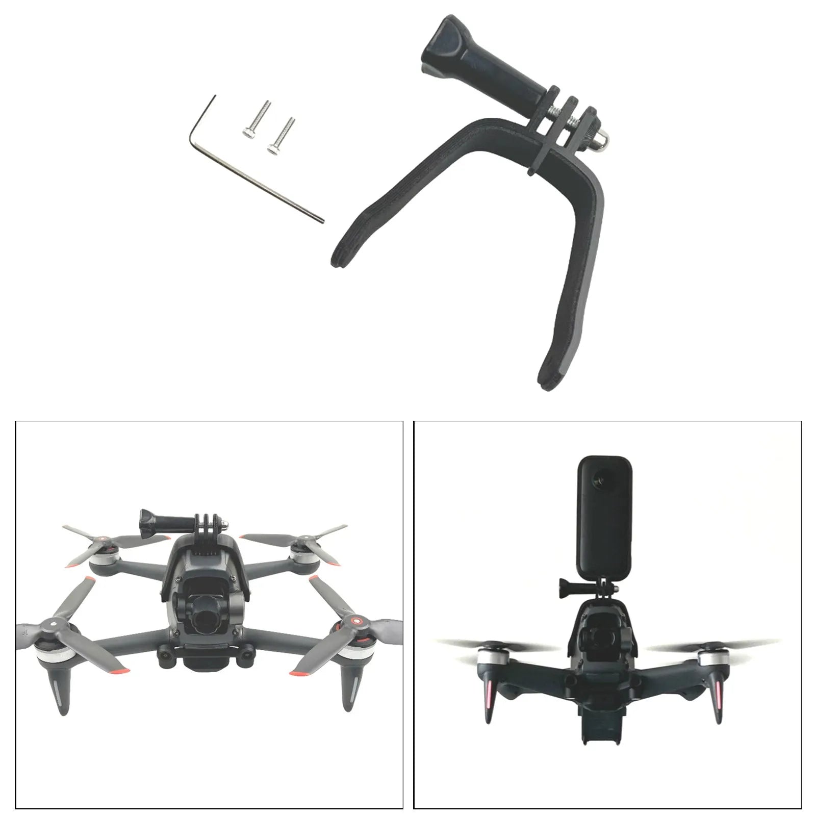 3D printed hard plastic action camera expansion bracket with soft sponge pad for FPV drone top mounting.