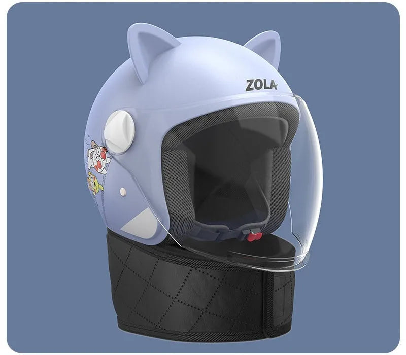 Blown Away winter cycling helmet with attached fleece scarf and clear anti-fog visor on a handlebar.