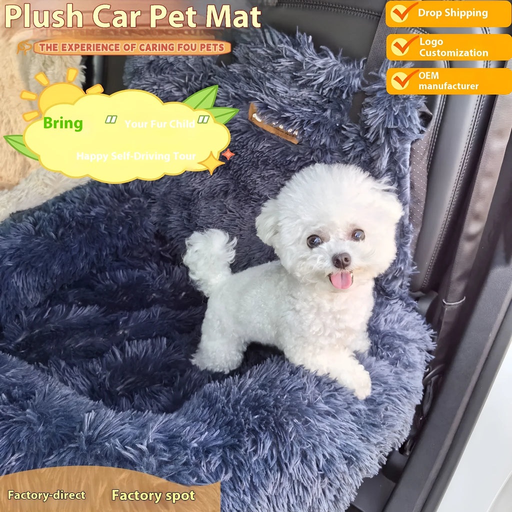 Beige fleece-lined pet mat with high sides placed on a grey car seat, showing its 50cm height and contained design.