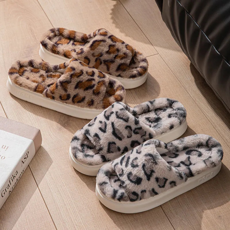 Women's leopard print slippers with suede upper, hollow-out design, and EVA sole