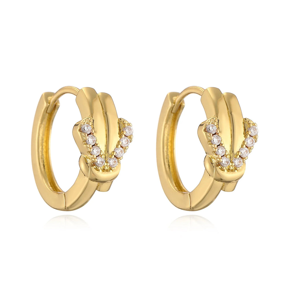 Gold plated copper earrings with inlaid zircon, geometric ring design, Vachette clasp, one pair for women
