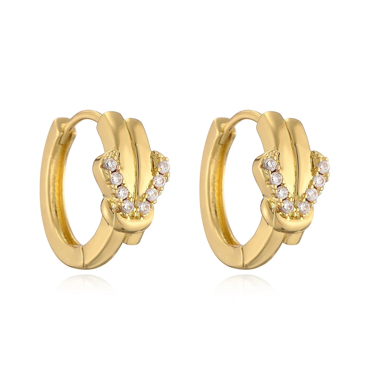 Gold plated copper earrings with inlaid zircon, geometric ring design, Vachette clasp, one pair for women