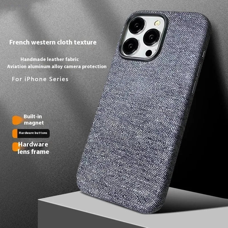 Flannel cloth pattern magnetic phone case for iPhone 12 to 16 series with metal lens cover in multiple colours