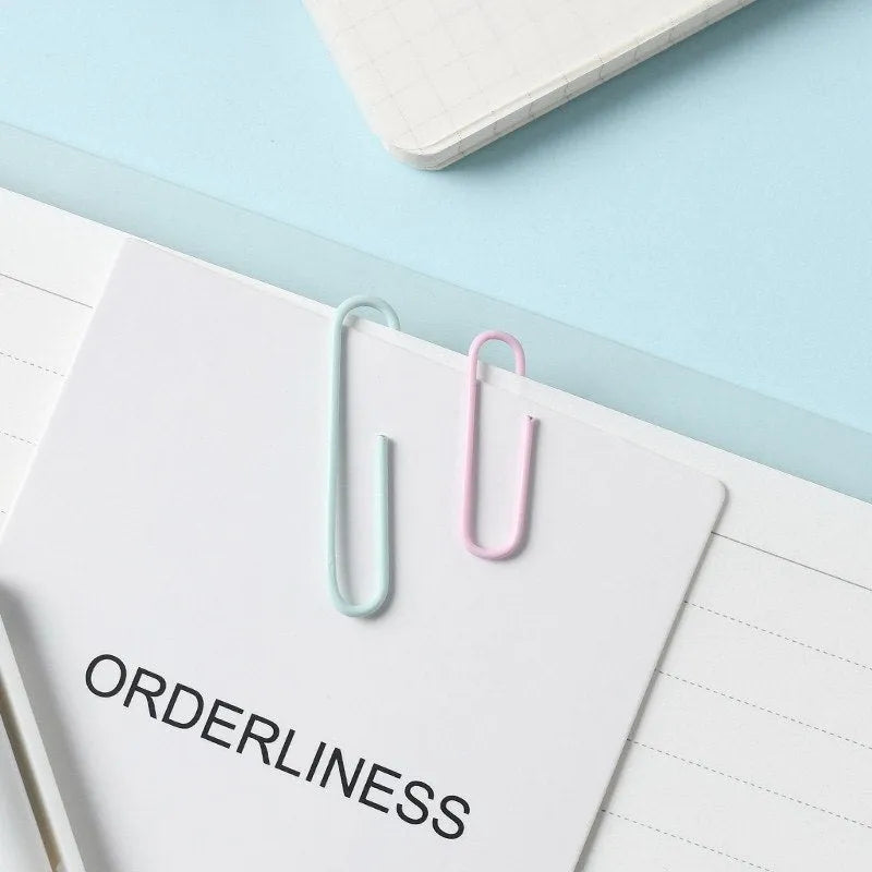 Macaron colour alloy paper clips in pink, purple, and green, large 50mm and small 28mm sizes