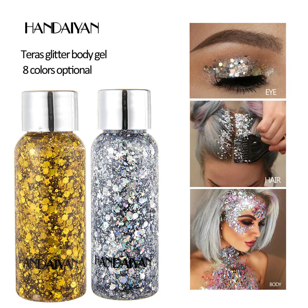 Glitter body gel jar 30g with chunky sequins and laser colour shift on a white background