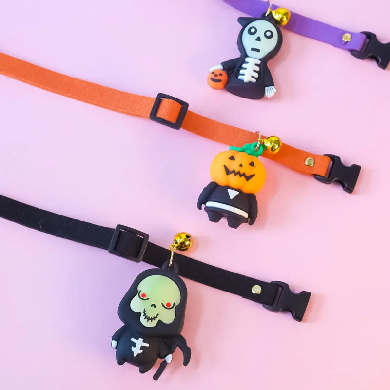 Halloween dog collar with luminous Pumpkin Man design, adjustable polyester strap.