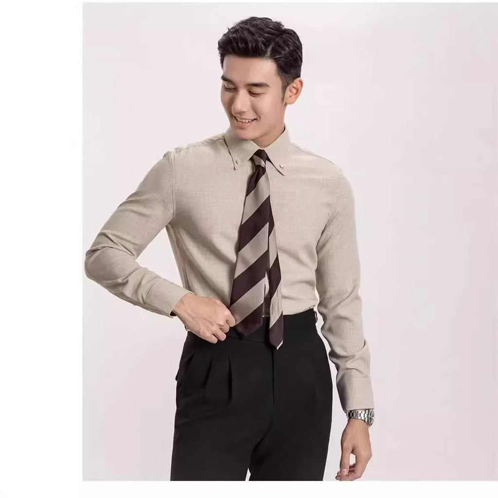 Non-ironing men's long-sleeved casual plaid business shirt in khaki, viscose blend, cardigan style