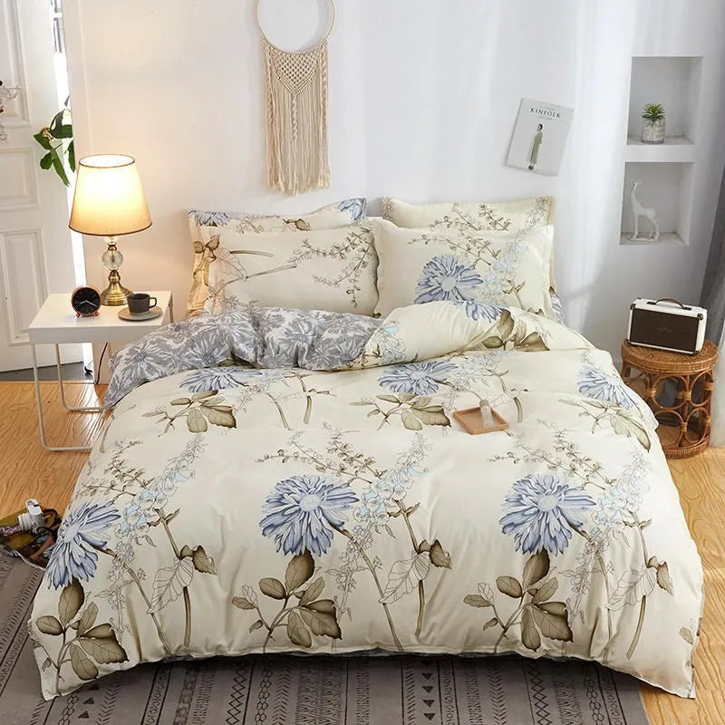Cotton duvet cover and fitted sheet bedding set in a colour option, shown on a bed