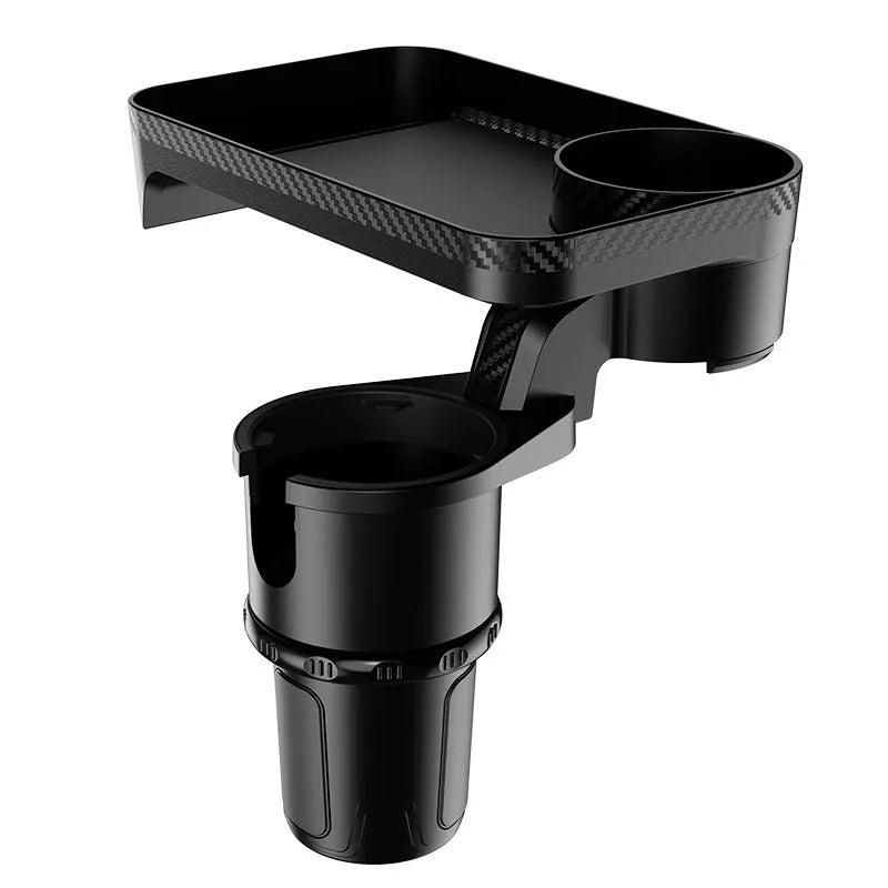 Black ABS plastic car-mounted rotating dinner tray holder shown inserted into a vehicle cup holder.