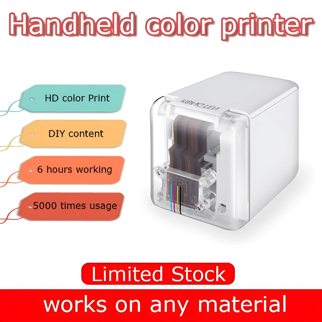 Portable mobile inkjet printer with tri-colour ink cartridge and USB interface, shown for printing drawings in Black or White