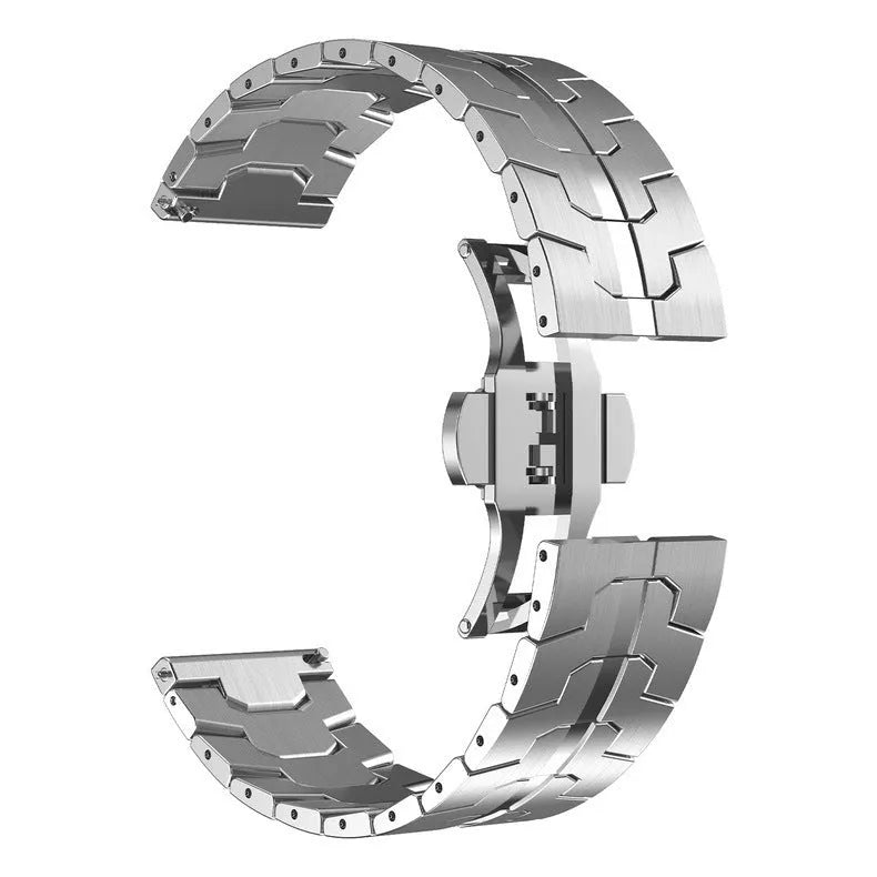 Stainless steel Samsung Galaxy Watch replacement band in silver, shown attached to a watch.