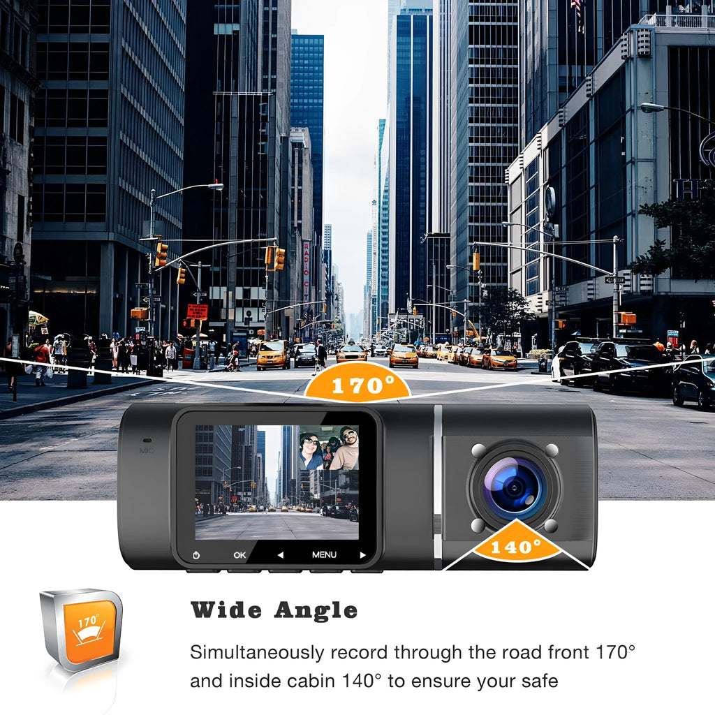 Black dual-lens car dash cam with 1.5-inch screen, mount, and car charger on a dashboard.