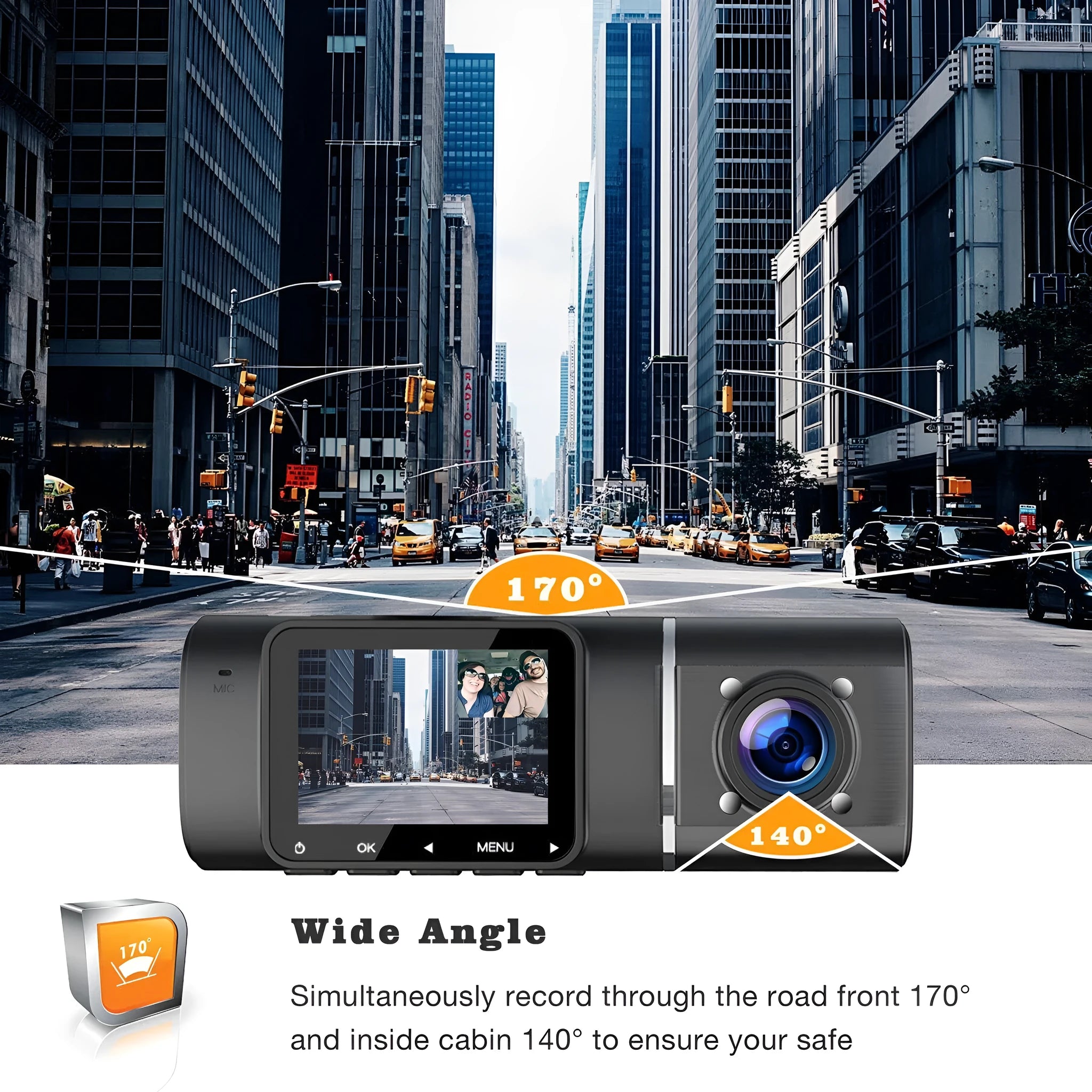 Black dual-lens car dash cam with 1.5-inch screen, mount, and car charger on a dashboard.