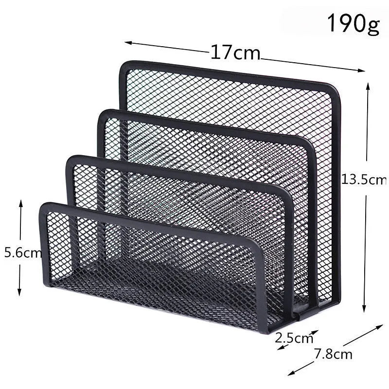 Grey mesh 3-tier letter file holder with metal frame on a desk, dimensions 170x135x78mm