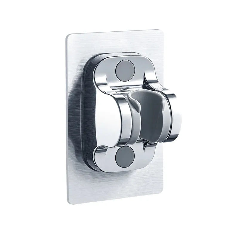 Black portable shower head with 5-speed dial, connected to a silver hose and mounted on a white punch base.