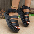 Black thick-soled beach sandals with an adjustable buckle strap and round toe fish mouth design.