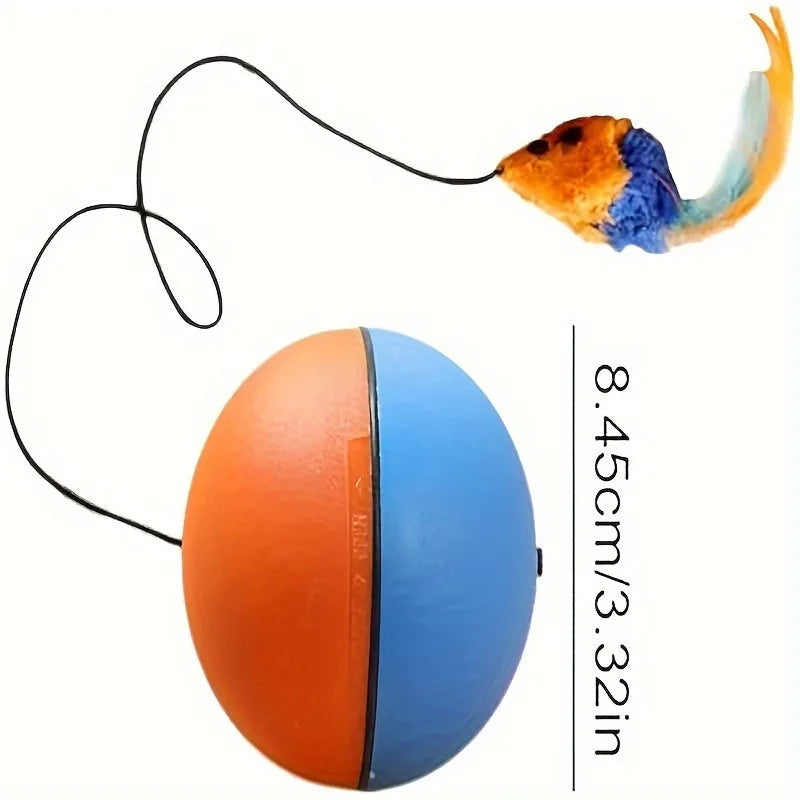 Interactive cat toy ball with plush mouse attachment showing blue and orange colours