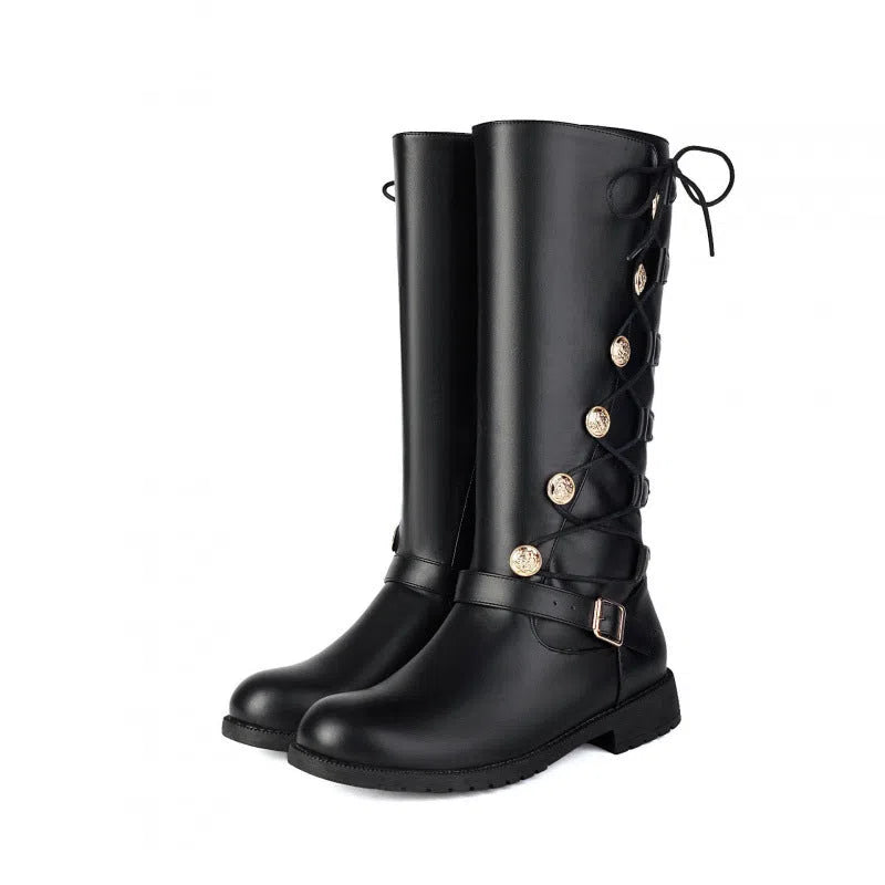 Women's high-top synthetic leather boots with chunky heel, side zipper, and round toe in black colour