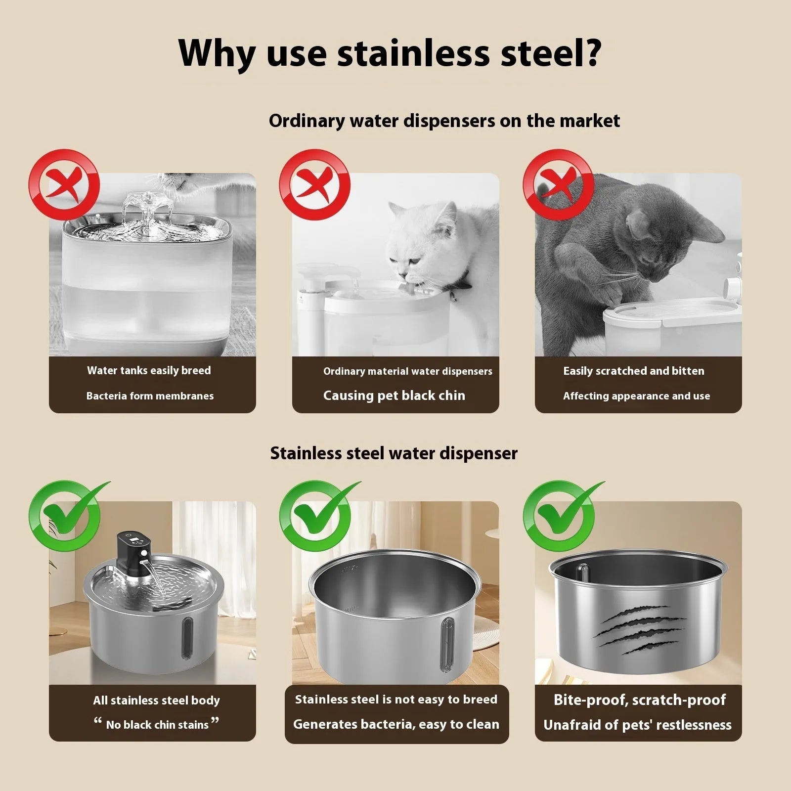 Stainless steel cat water fountain with white heating base and control panel.