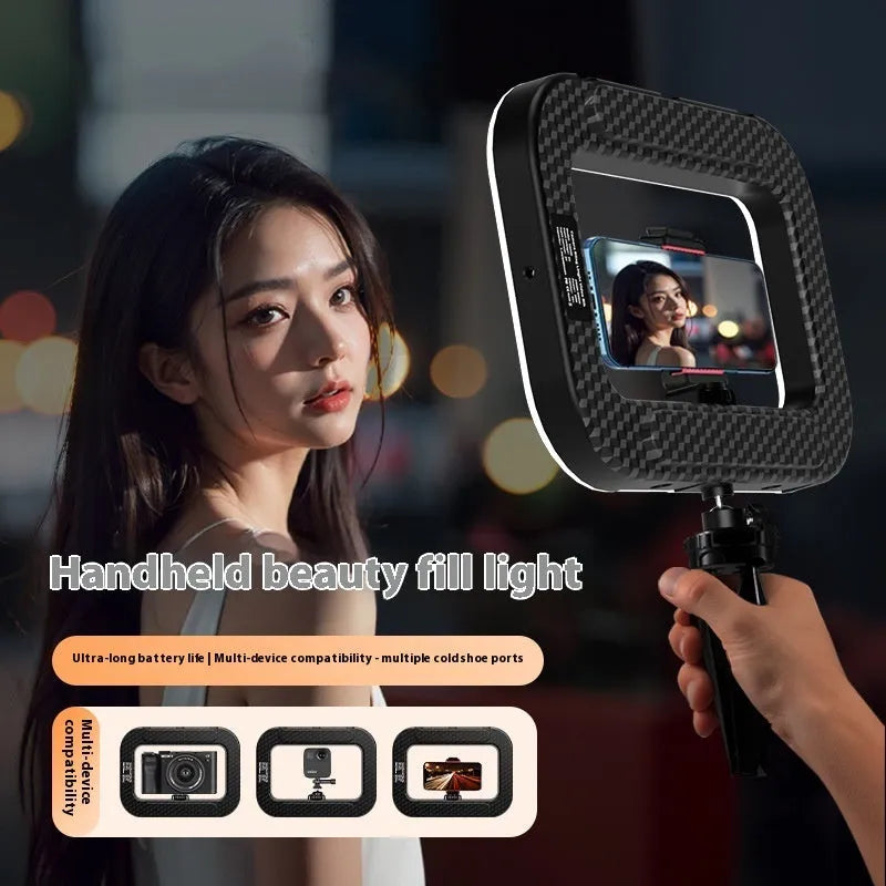 Rechargeable mobile phone fill-in light kit with adjustable colour temperature and desktop mounting bracket