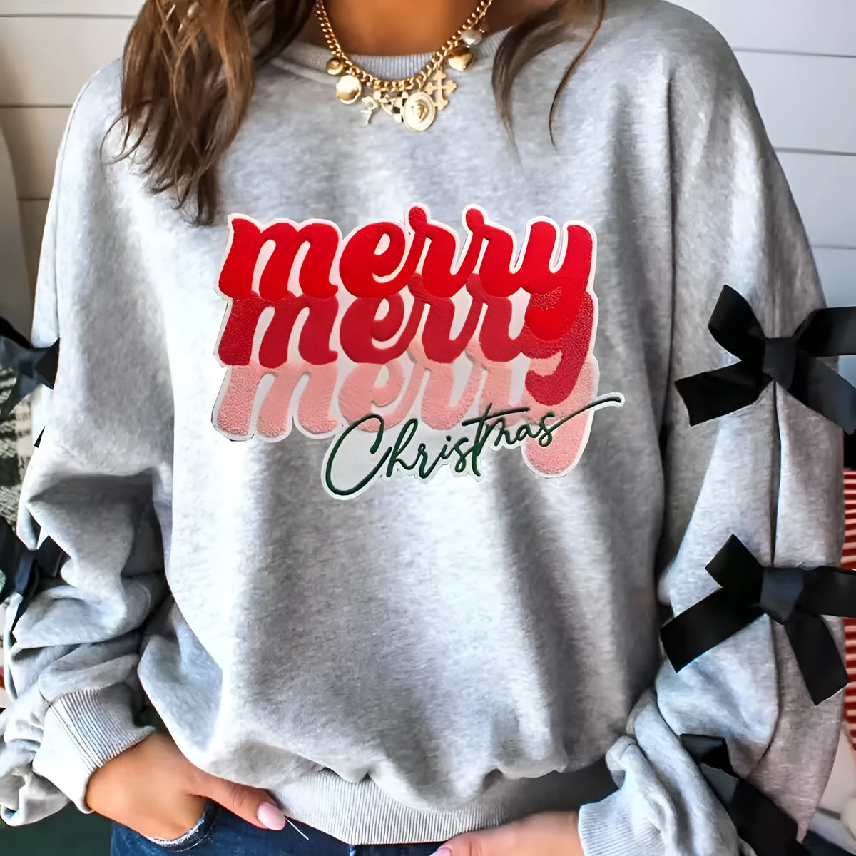 Women's light gray long sleeve ribbon slit letter shirt pullover front view on model