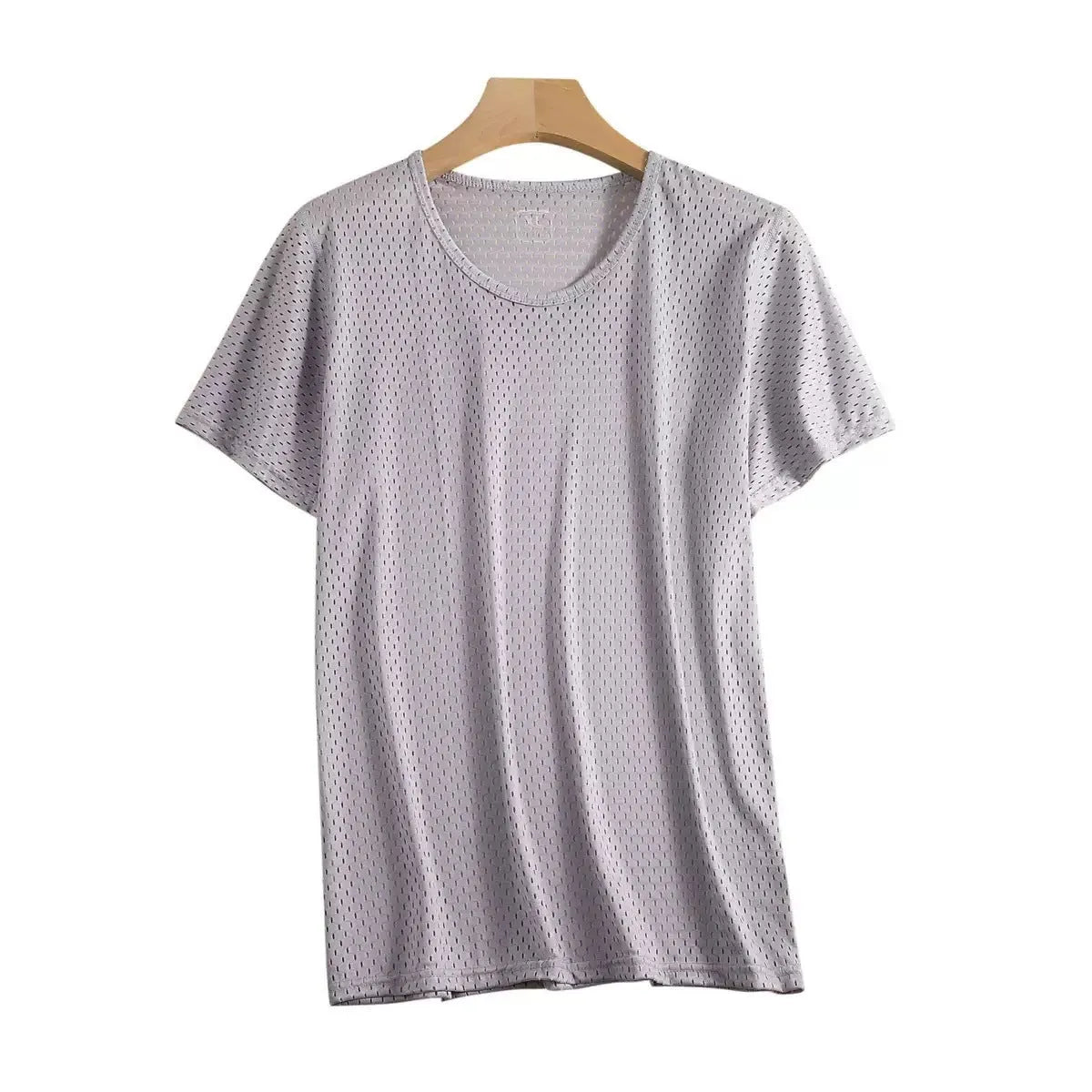 Men's solid colour ice silk short sleeve t-shirt in loose fit on a hanger.