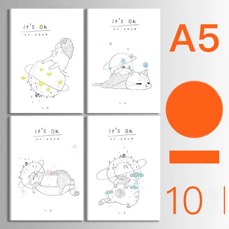 Set of 10 kraft paper notebooks with various hand-painted covers, shown open to display thread binding.