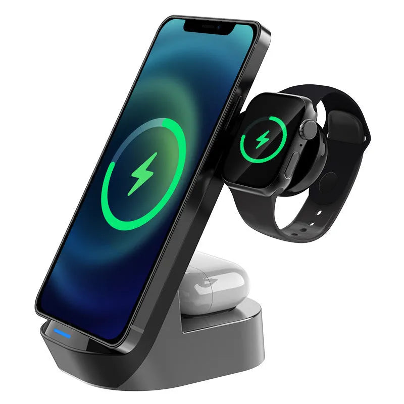 Black grey foldable 3-in-1 wireless charger stand with phone, smartwatch, and earbuds case charging.