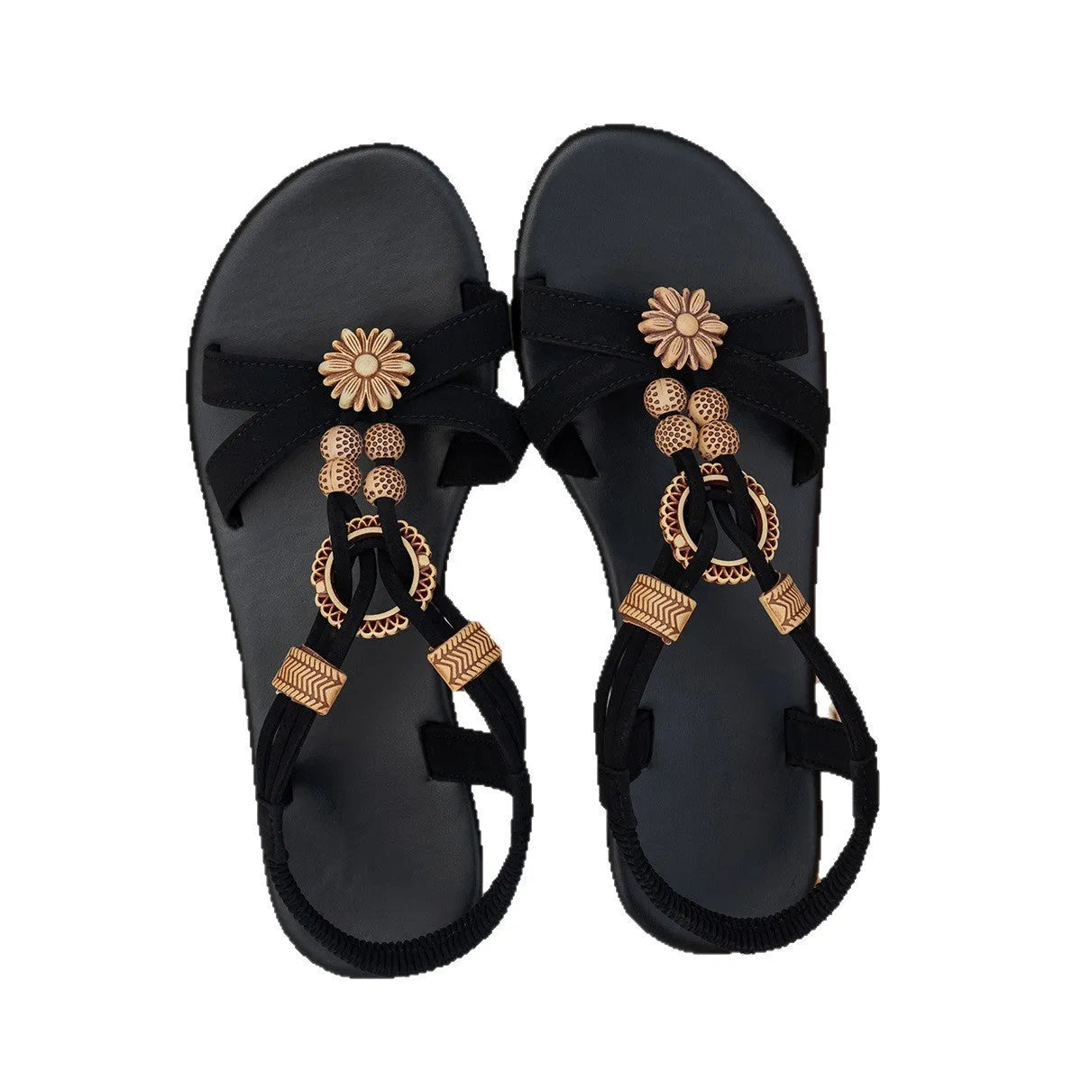 Black ethnic style women's flat sandals with beaded weave and rhinestone decoration, open toe design with elastic band